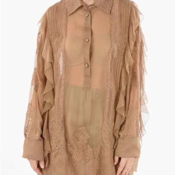 Valentino Tops - Valentino Sheer Ruffle Lace Blouse - Tan